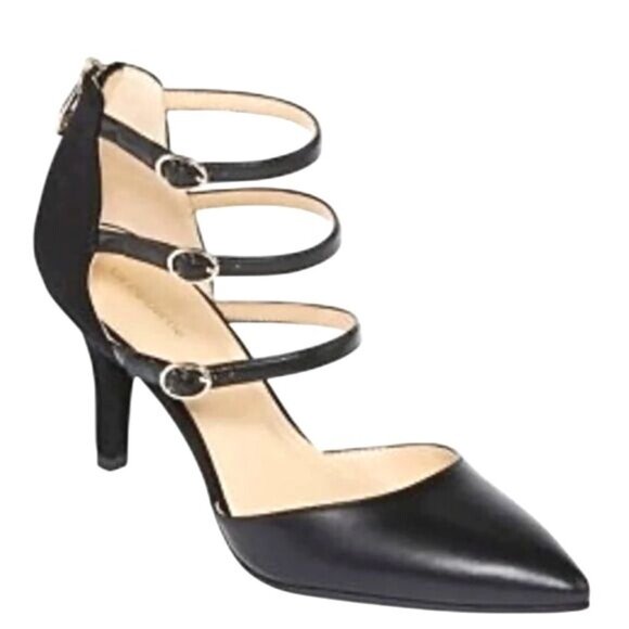 Liz Claiborne Black Faux Leather Pointed-Toe Strappy Heels With 3" Heel Size 8M - Picture 1 of 10
